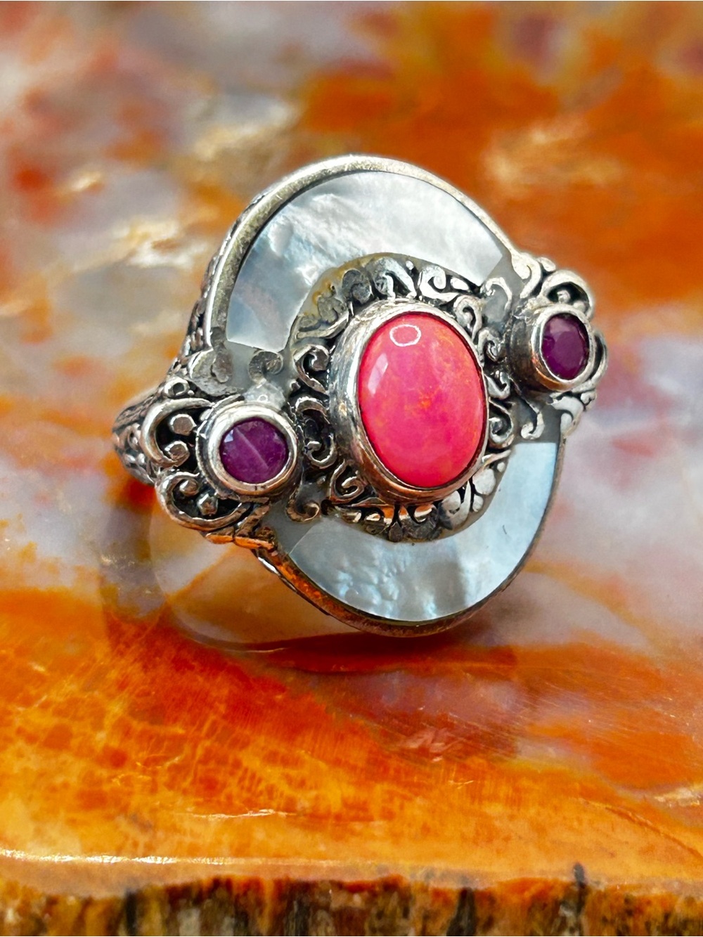 Sterling Silver Ring with Mother of Pearl Shell, synthetic pink opal and ruby